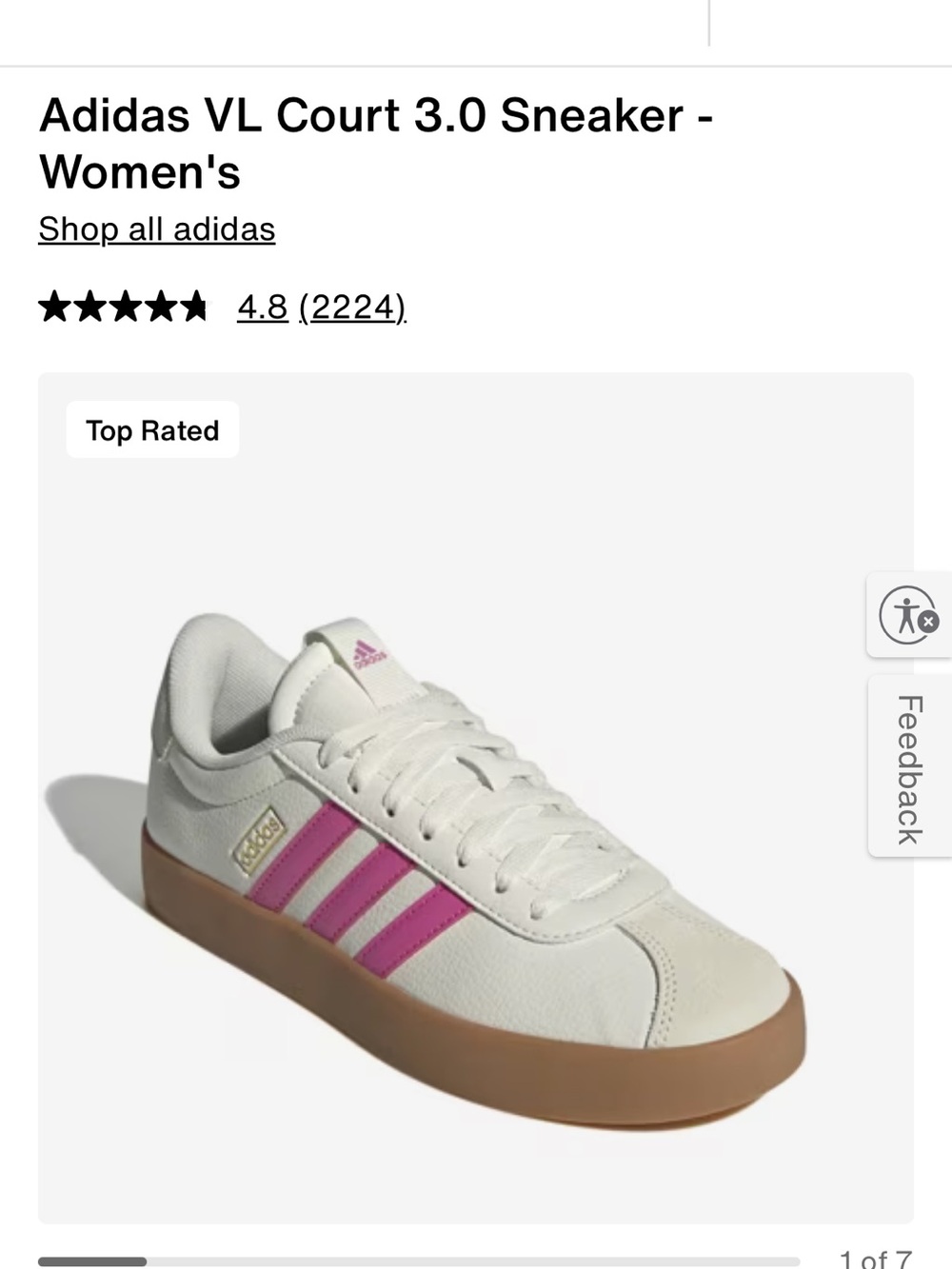 adidas Women's VL Court 3.0 Sneakers in White with Pink Stripes and Gum Sole